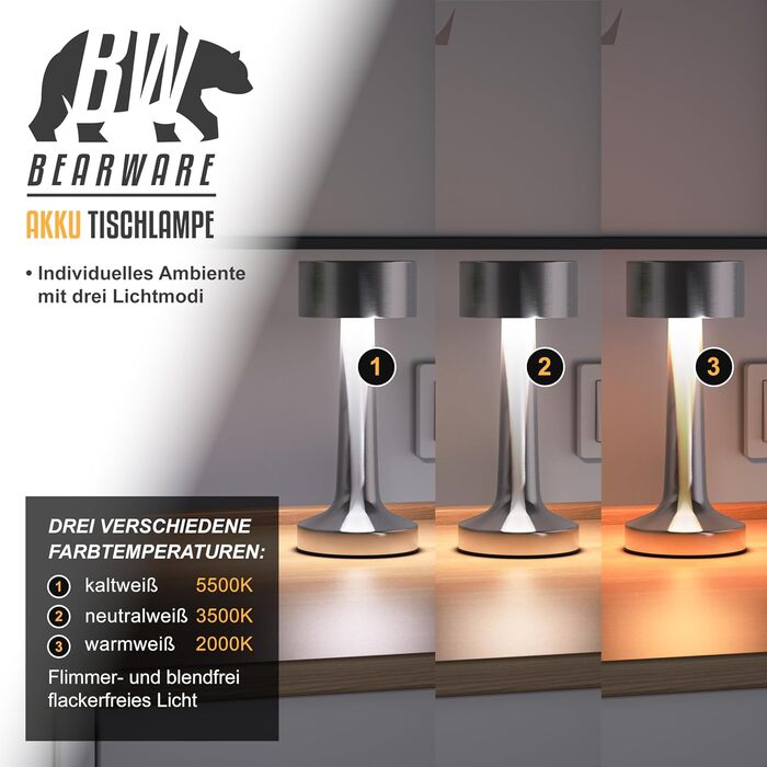 LED настільна лампа CSL бездротова, диммувана – 3 кольори світла, акумулятор, сенсорне управління, USB-C, вінтажний стиль, нержавіюча сталь, для дому та вулиці