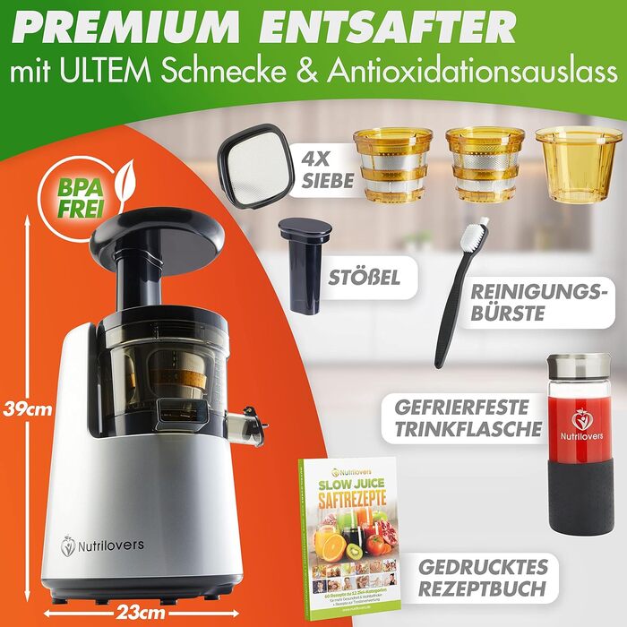 Соковитискач Nutrilovers NUTRI-PRESS MAX для цілих фруктів, холодного віджиму, шнековий, BPA-free, з широкою горловиною 135 мм, у комплекті пляшка та книга рецептів
