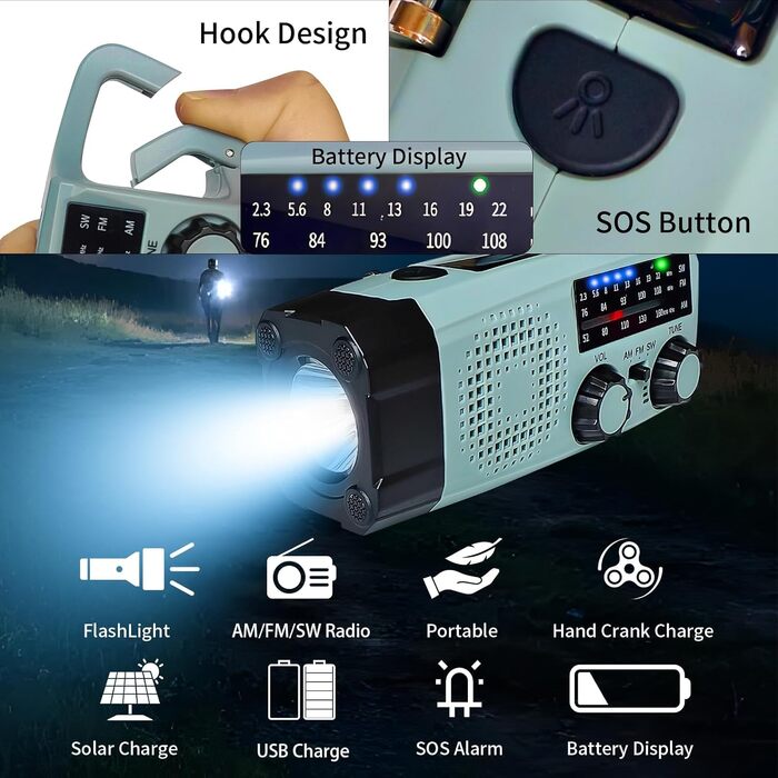 Сонячне радіо 8-в-1 з ліхтариком та USB, FM/AM, метеостанція, аварійне радіо з сонячною панеллю, динамо-механізмом, LED-ліхтариком, сигналом SOS для кемпінгу