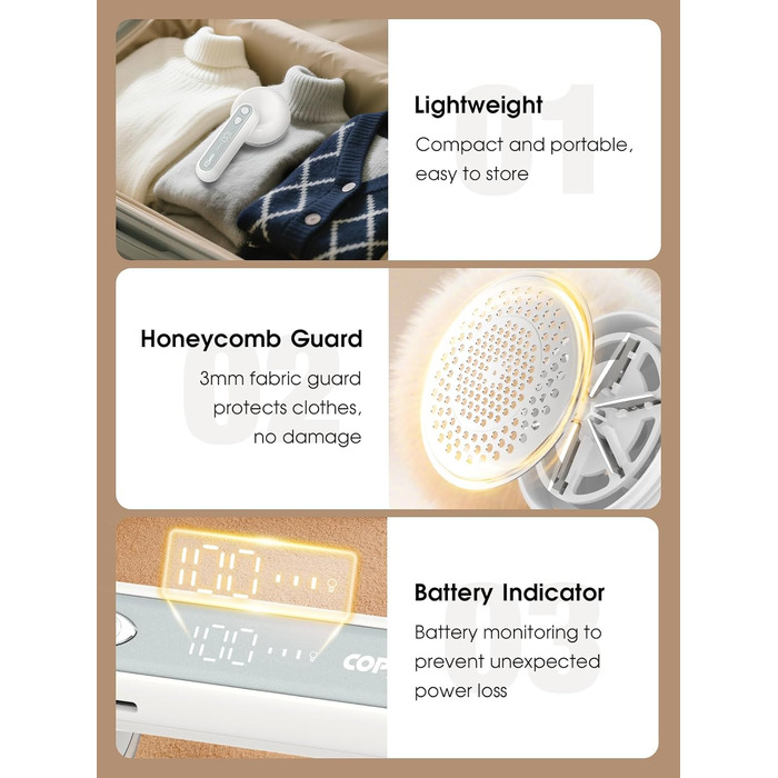 Електричний видальник ворсу COPPA з 6 лезами, 3 швидкості, перезаряджається, для одягу, з індикатором заряду