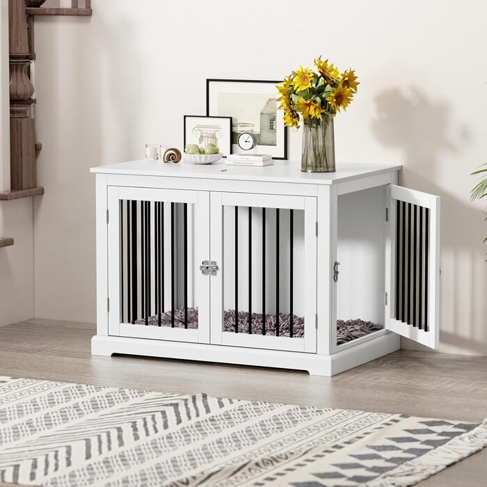 Клітка для собак для дому, меблі для собак з подушкою, вольєр для собак в приміщенні, собачий будиночок, клітки для собак великих порід, клітка для собак у стилі меблів з відкидним верхом, білий (L) (Новий середній розмір, білий)