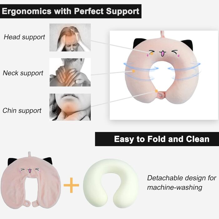 Дитяче подушечка для шиї Memory Foam, U-подібна подушка для подорожей (літак, авто, поїзд), знімний чохол (рожева)