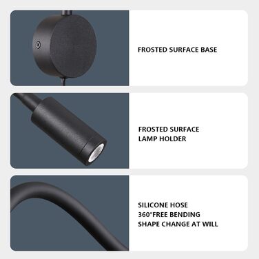 Настінний світлодіодний світильник для читання 3W теплий білий 3000K чорний з вимикачем на шнурі