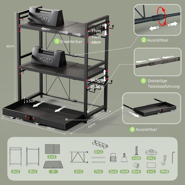 Регульована мікрохвильова полиця NETEL 2-ярусна, полиця над мікрохвильовою піччю, підставка для мікрохвильовки, кухонна полиця для стільниці, полиці для випічки, кухонна полиця з тримачем для напоїв та кошиком, чорна, висувна 40-60 см (3-ярусна з 2 тримач