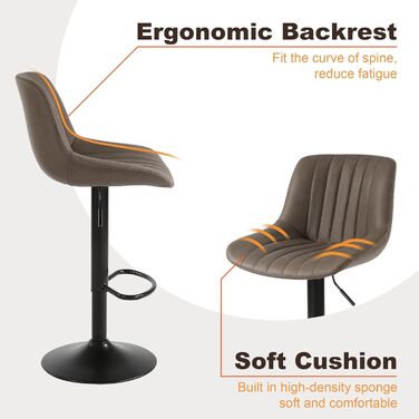 Youhauchair 2-Piece Swivel Bar Stools with Backrest - Adjustable Height PU Leather Bar Stools for Kitchen & Bar - Brown