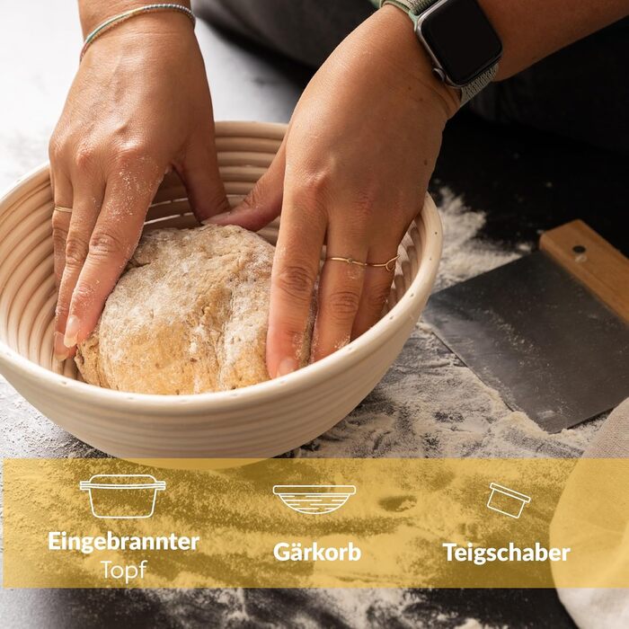 Chef's Cast Iron Dutch Oven incl. Dough Basket and Dough Scraper. Pot for Baking Bread. Bread Baking Pan with Lid 4.6L. 2-in-1 Bread Pot for Baking 26CM. Robust Bread Baking Pot. Round Bread Baking Pan. Cast Iron Pot for Baking Bread 4.6L Round