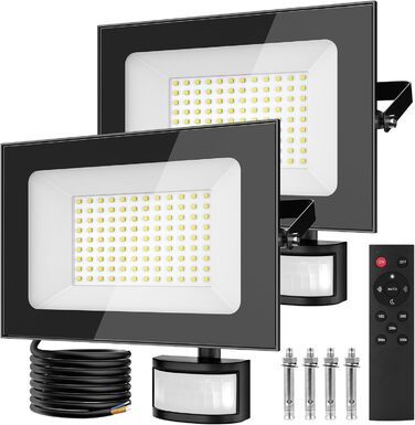 papasbox 2-Piece 100W LED Floodlights with Motion Sensor and Light Sensor | Outdoor Floodlights/Spotlights with Remote Control | 6500K Cold White IP66 Waterproof Floodlight for Garden, Garage, Sports Field