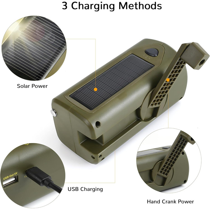 Радіо URPRO на ручному валу з AM/FM, 3000 mAh Powerbank, SOS-сигнал, LED-ліхтарик, USB-зарядний пристрій для мобільного телефону - ідеально для кемпінгу та походів