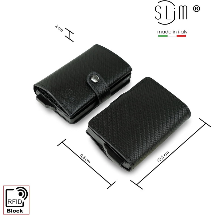 Стильний гаманець Slim Geldbörse для чоловіків та жінок з RFID захистом, відділенням для монет, карбон, чорний, Made in Italy
