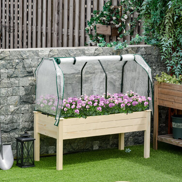 Outsunny Raised Garden Bed Cold Frame 121x55x117 cm made of Fir Wood with Protective Film and Drainage Holes, Waterproof for Garden & Balcony in Natural Color