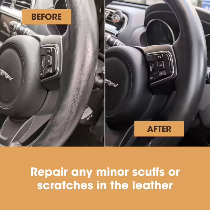 Leather Steering Wheel Repair Kit (black) – removes grease deposits, repairs damage, and restores the color on any worn leather steering wheel.