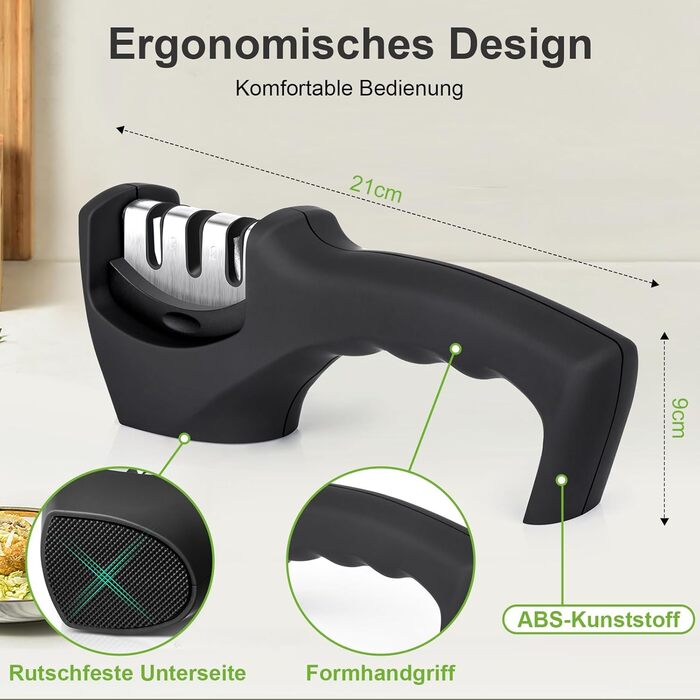 Точилка для ножів Adoric з 3 ступенями, вольфрамовий сталь, діамант, кераміка, чорна