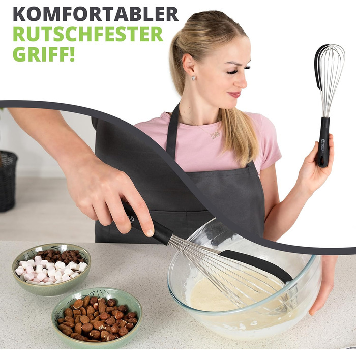 Віскер Oliver's Kitchen® з нержавіючої сталі з інтегрованим силіконовим скребком - ідеальний для випічки та приготування їжі. Спіральний віскер, зручна ручка, легко миється.