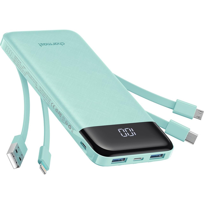 Power Bank Charmast 10000mAh з 6 виходами, USB-C, LED-дисплеєм, 4 кабелями, для iPhone, Huawei, Samsung