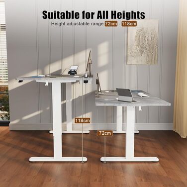 Devoko Adjustable Standing Desk, Electric Standing Desk with Wireless Charger, Memory Control, 3 USB Ports, 360° Swivel Wheels (Gray & White, 140 x 70 cm)