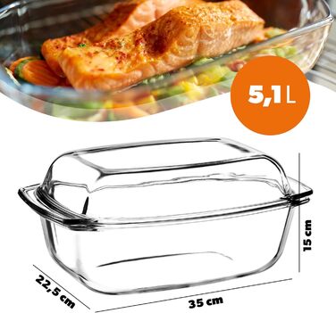 Форма для запікання KADAX з кришкою та ручками, 5.1 л, прямокутна скляна форма для запікання, для м'яса, лазаньї, 5.1 л