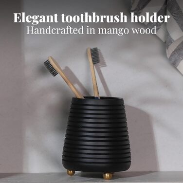 Folkulture Bathroom Toothbrush Holder, Modern Wooden Toothbrush and Toothpaste Holder (Black Grooves)