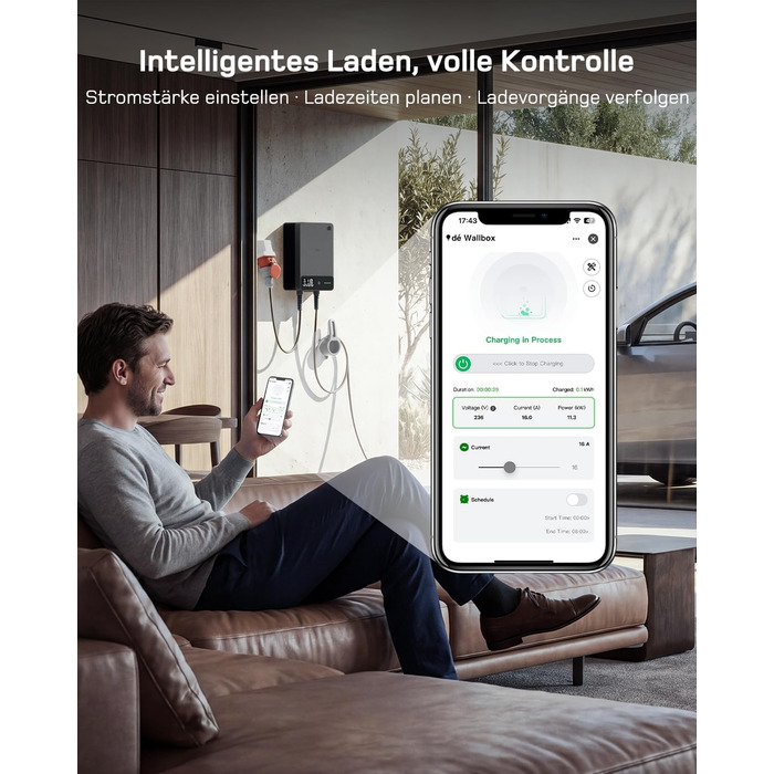 Wallbox 11 кВт з Wi-Fi та кабелем Type 2 7,5м, 3-фазне зарядне для електромобілів (BEV/PHEV), захист RCD Type A 30mA/DC 6mA, IP54, чорний