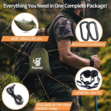 Гамак для відпочинку на природі з москітною сіткою - 260 x 130 см, легкий нейлон, 200 кг, зелений