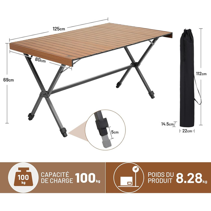 Складний кемпінговий стіл Timber Ridge 125x80 см, регульована висота, для 6 осіб, для пікніка, саду, походу, подорожей