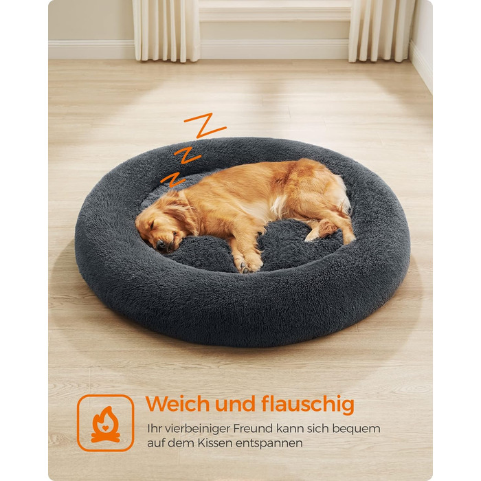 Кругле ліжко для собак та котів Feandrea, м'яке, з подушкою, 120 см, темно-сірий