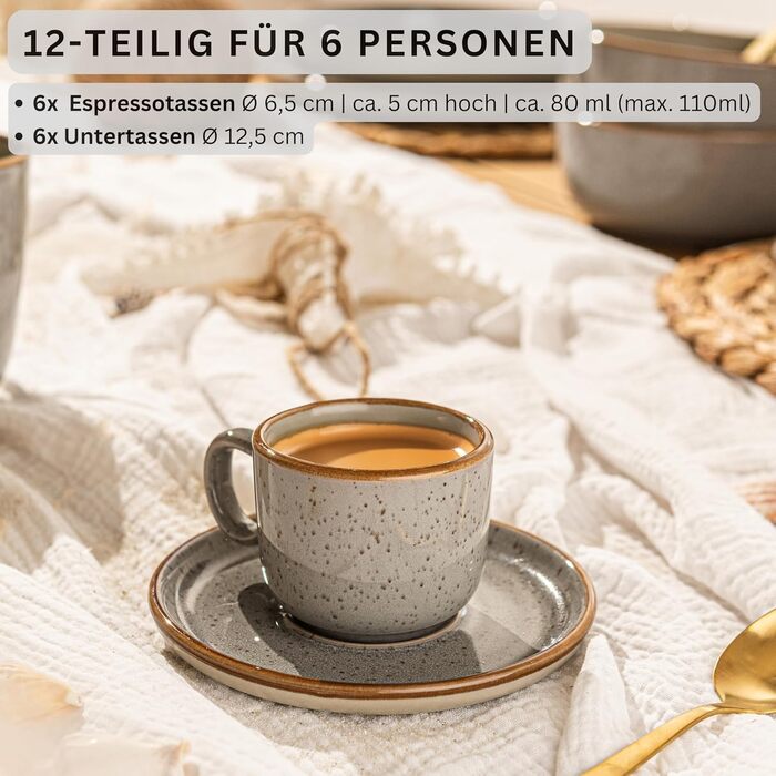 Набір чашок для еспресо Sänger Rio Perlgrau, 12 шт. (6 персон), 80 мл, сірий, мікрохвильова піч, посудомийна машина, стійкість до подряпин
