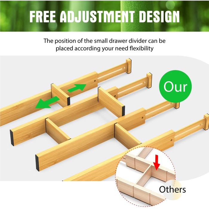 ANTOWIN 10 Pcs Adjustable Bamboo Drawer Dividers, Drawer Organizer, Spring-loaded, Kitchen, Dresser, Bathroom, Bedroom, Baby Drawer, Desk Organization System (43-56 cm) Natural