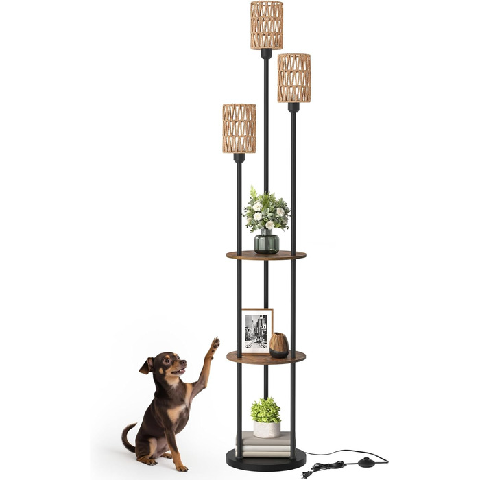 Стельова лампа для вітальні з полицею, 3-лампова торшер з етажеркою у стилі вінтаж, бохо торшер з дерева з вимикачем на ніжці, патрон E27, ретро-дизайн у кольорах коричневого та бежевого, ZEF53LDD05 (Ротанг, Чорний)