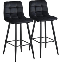 Velvet Bar Stools Set of 2 - Black Bar Chairs with Backrest, 66cm Seat Height, 50x45x94cm - Modern Counter Stools for Kitchen Island