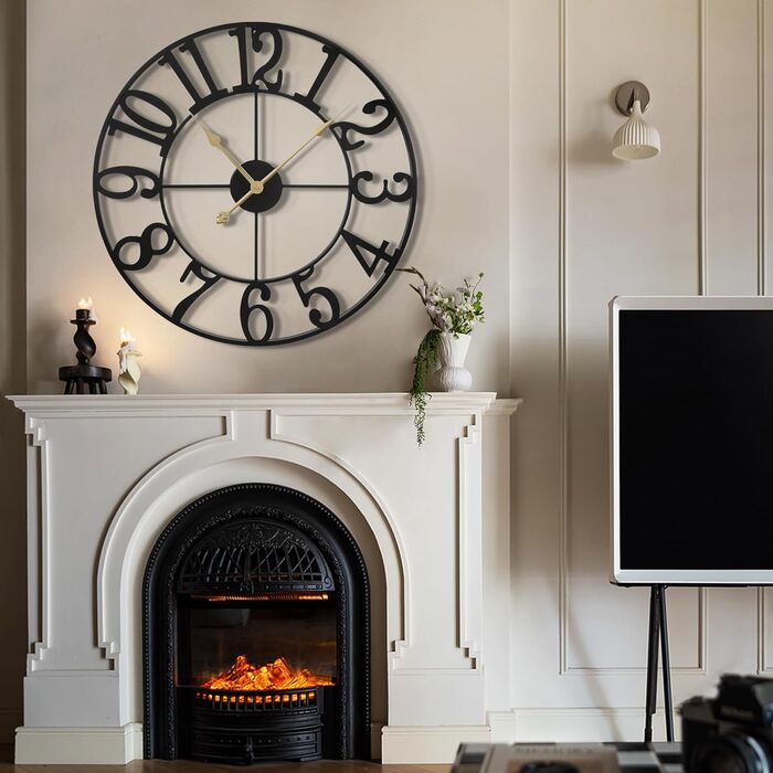 HAITANG Large Vintage Wall Clock, round, metal silent (no ticking), battery-powered, 40cm, 16 inch Roman numerals, clocks for living room, bedroom, kitchen wall clock decoration (Black Arabic numerals, 40 Cm)