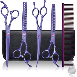 Професійний набір ножиць для грумінгу собак Moontay 7 дюймів: ножиці для грумінгу, випрямні, зігнуті, для розрідження, фіолетовий