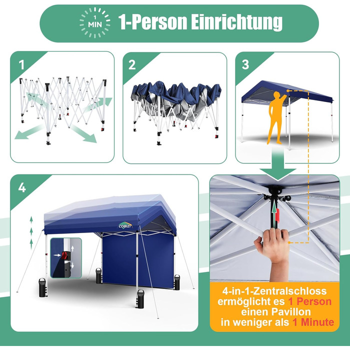 COBIZI Gazebo, Folding Gazebo, Waterproof and Stable, 275 cm Party Tent UV Protection 50+ Folding Gazebo with Waved Pattern for Camping, Beach, Family Gatherings (White) (Dark Blue, 3x3m with 1 Side Walls)
