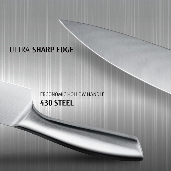 Набір кухонних ножів Hecef 5 предметів: ніж шеф-кухаря, ніж для м'яса, універсальний ніж, овочечистка, ніж для хліба. З нержавіючої сталі, професійний набір.