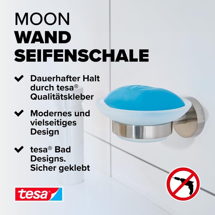 tesa Moon Soap Dish with Wall Holder, satin glass and chrome-plated stainless steel - for wall mounting without drilling, including adhesive solution - 110mm x 52mm x 130mm