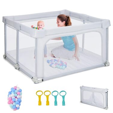 COSTWAY 124 x 124cm Baby Playpen, foldable, portable playard with 50 balls, 4 handles, locking function, crawling gate with net walls & door, playpen tent for infants & children (Light Grey)