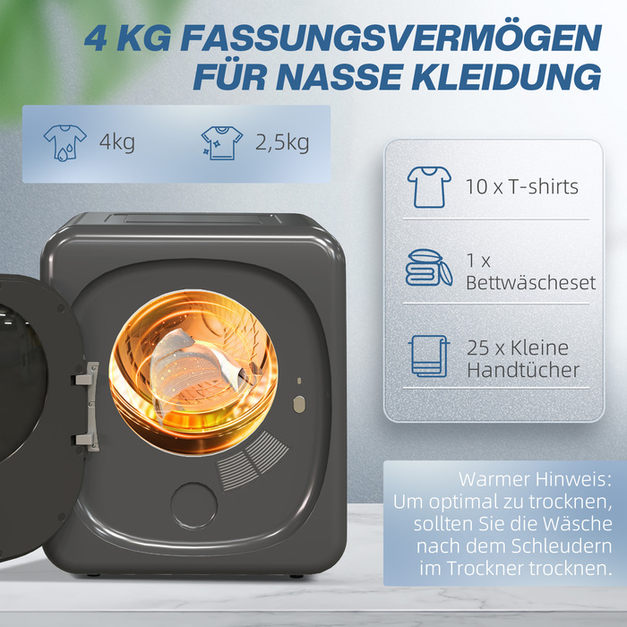 HOMCOM Міні сушарка для одягу з 6 програмами, LED-сенсорним екраном, 4 кг, до 60°C, 800W, автономна/настінна, з витяжною системою та захистом від перегріву. Сушарка для одягу сірого кольору | Aosom