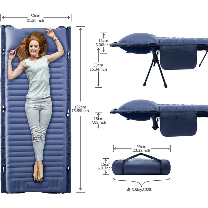 Розкладне ліжко-спальник туристичне, ультралегке, 160кг, блакитне. З алюмінієвою конструкцією та антирипстоп тканиною для кемпінгу, відпочинку на природі, вдома та на пляжі