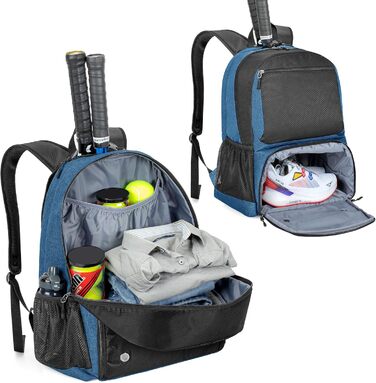 Рюкзак для тенісу DSLEAF з відділенням для взуття, сумка для 2 ракет, з м'якими лямками, вентильоване відділення для взуття, для жінок та чоловіків (блакитний)