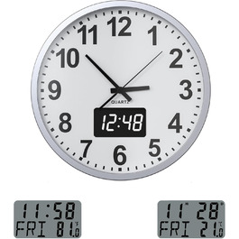 KWANWA Modern Wall Clock with No Ticking Sound • Digital LCD/LED Display • Calendar & Temperature • Battery Powered • 30.5cm • 12h Format, Perfect for Kitchen, Bedroom & Office (Silver-White LED)