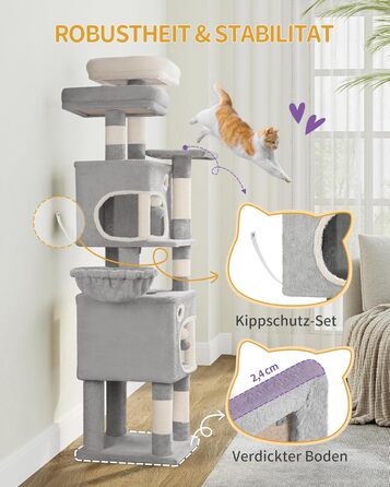 Драбина-кіготь для котів Hzuaneri MS15918LG, 159 см, сірий: 8 стовпчиків, 3 платформи, 2 печери, кошик, м'ячики, мотузка, для котів різних розмірів