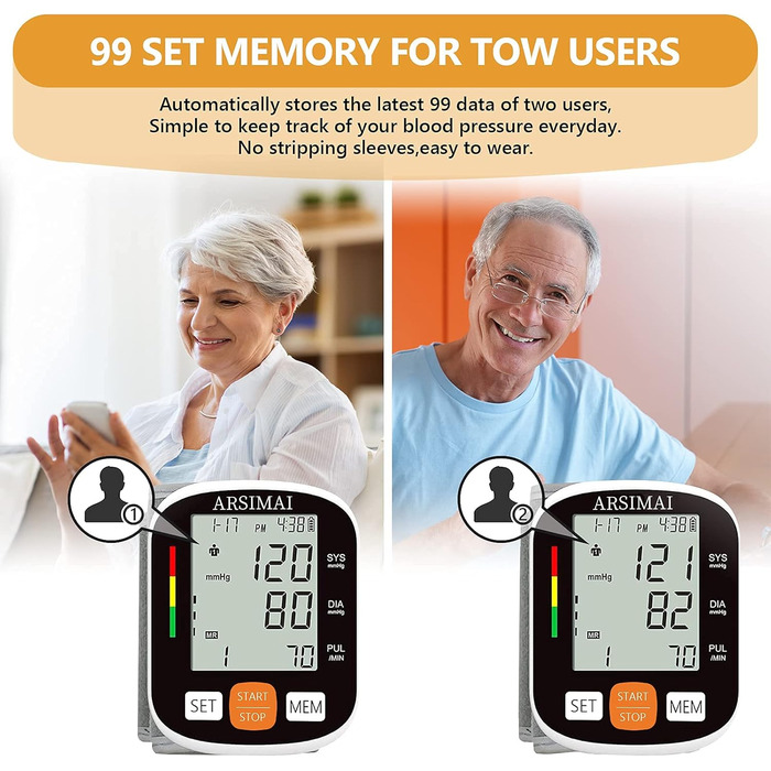 Автоматичний тонометр на зап'ясті: регульована манжета + 2 батарейки AAA та сумка для зберігання – детектування нерегулярного серцевого ритму, пам'ять на 99 вимірювань, великий LCD-дисплей, білий/синій (чорний)