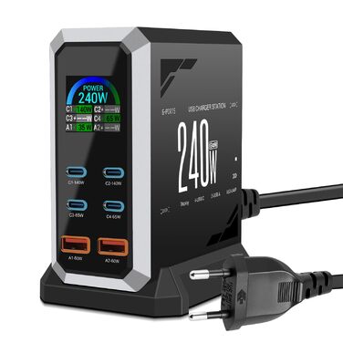 Зарядний пристрій USB C 240W, 6 портів: 4x USB-C + 2x USB-A для MacBook, iPad, iPhone 15 Pro, Samsung та інших пристроїв – швидка зарядка