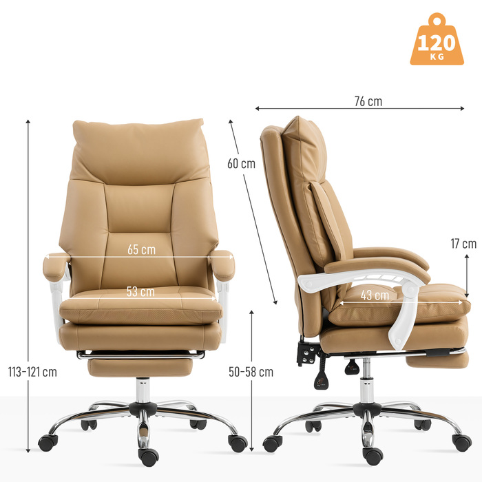 HOMCOM Ergonomic Office Chair with Lumbar Support, Foldable Armrests, and Footrest - Light Brown