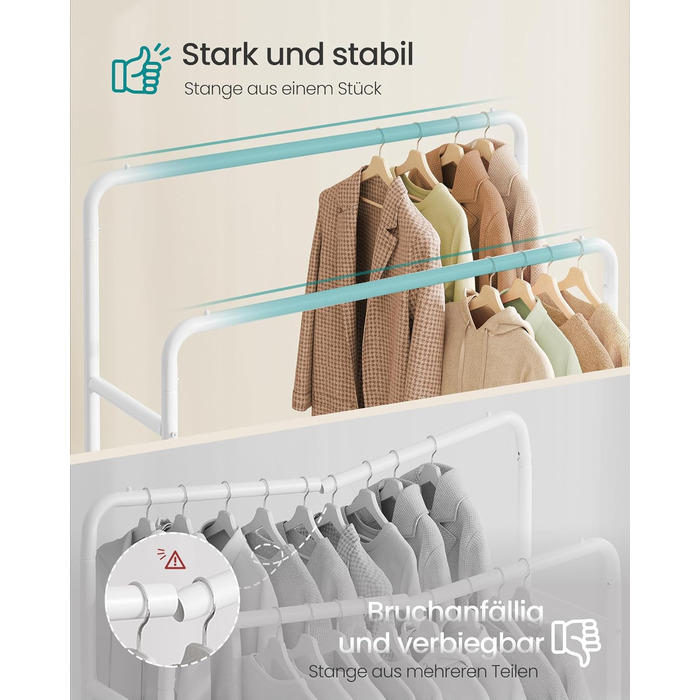 SONGMICS Вішалка для одягу на коліщатках, гардеробний стійка, білий матовий, 2 стійки, до 50 кг, 38 x 110 x 141,5 см, HSR016BH01