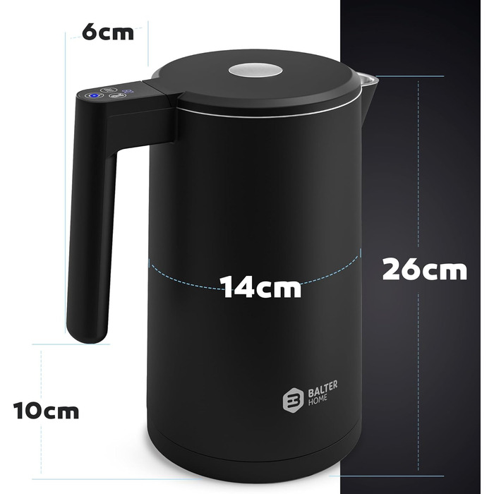 Balter Stainless Steel Kettle with Temperature Setting, 40°C-100°C, Double-Walled, BPA-Free, 1.7L, Black, WK-5-Touch