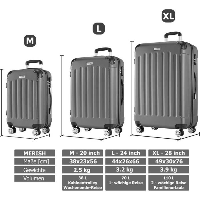 Набір валіз Merish 3 шт. з жорстким корпусом та подвійними колесами, 9 кольорів (чорний, синій, XL)