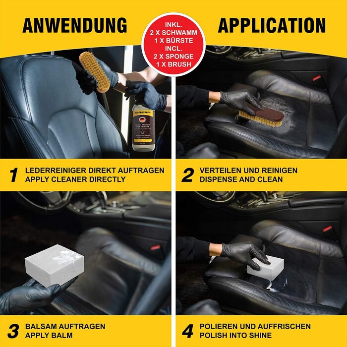 Macari Leather Care 500ml Balsam + 500ml Cleaner + 2 Sponges + Leather Brush Premium Leather Leather Cleaner Set Beeswax for Leather Couch, Car, Furniture, Jacket, Clothing, Sofa, Handbag, Shoes, Saddle Leather Fat