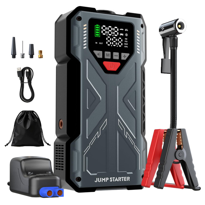 Пусковий пристрій (бустер) для авто Starthilfe 8000A з компресором 150PSI, портативний Powerbank 12V для бензинових та дизельних двигунів до 10л, LED-дисплей, сірий
