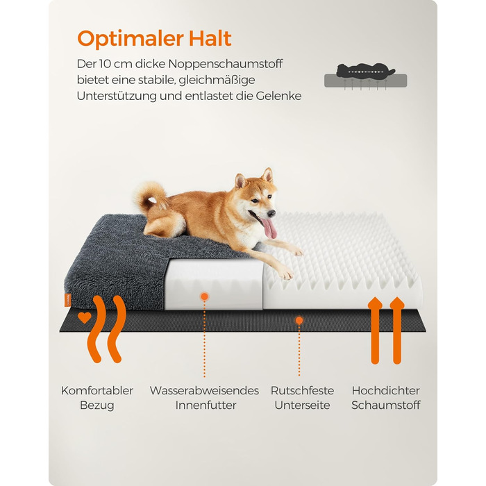 Feandrea Dog Bed, Orthopedic Dog Cushion, padded with egg foam, removable and washable cover, size M, for small and medium dogs, 80 x 50 x 8 cm, PGW211G02 (L 110 x W 73 x H 10 cm, Dark Grey)