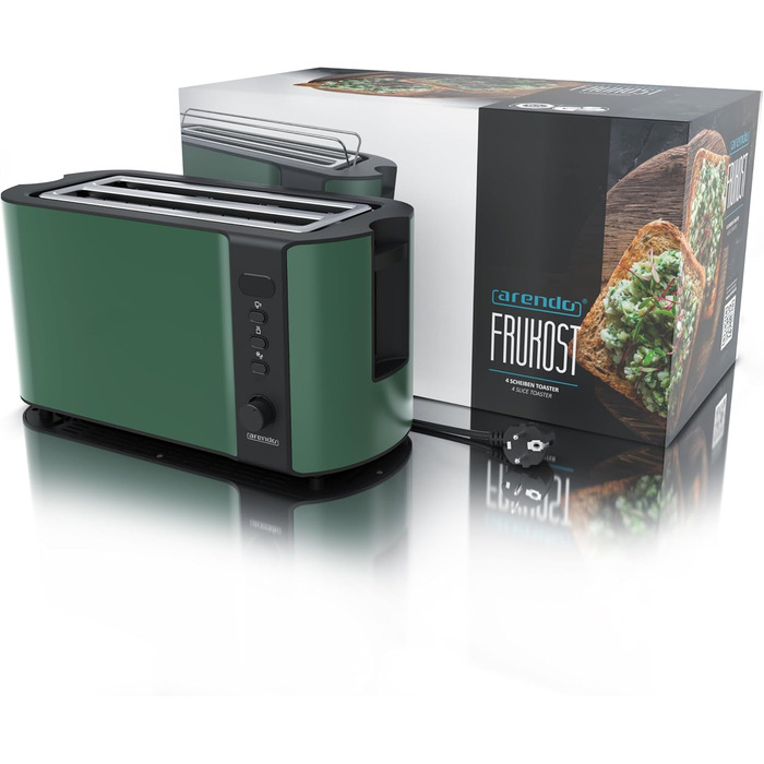 Тостер Arendo з нержавіючої сталі, 4 слоти, підігрів, підставка для булочок, 1500W, зйомний лоток для крихт, дисплей з таймером